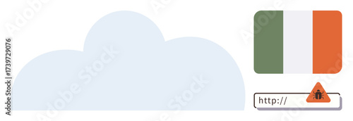 Cloud beside Irish flag and warning on URL bar indicating potential cybersecurity, privacy, and data breach risks. Ideal for technology, security, networks, internet safety, regulation