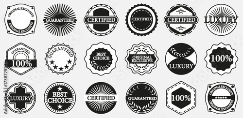 Guarantee badge collection with various labels. Black round and hexagon emblems include certified and best choice