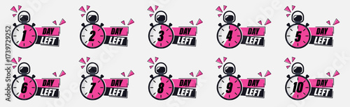 Countdown timer icons with stopwatch. Numbers show one to ten days left. Bright design uses pink and black details