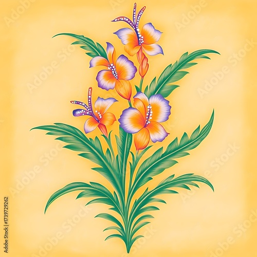 Floral design element with vibrant hibiscus flowers and green leaves on yellow background