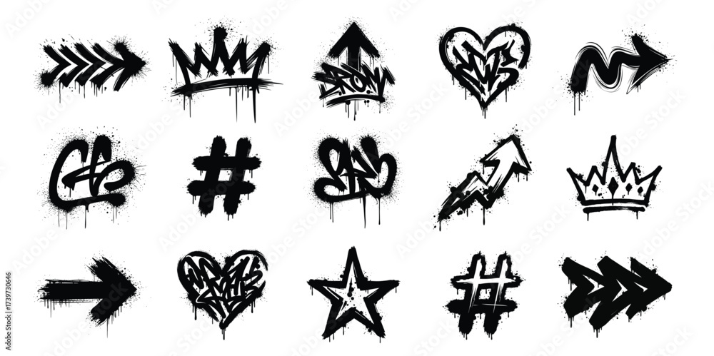 Fototapeta premium Graffiti Symbols Collection with Arrows, Crowns, Hearts, Hashtags and Street Art Icons