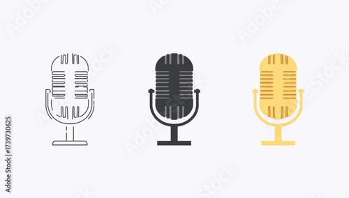 Vector art of set of three microphone illustrations outline, silhouette, and color
