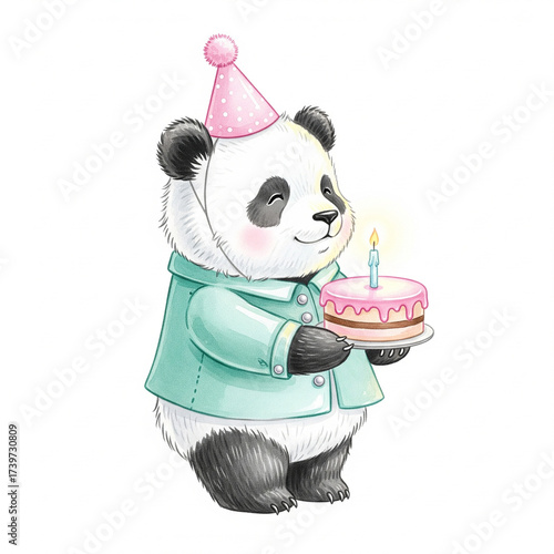 Cute cartoon panda wearing a party hat holding a birthday cake