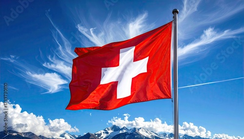 Swiss Flag Waving Against a Cloudy Blue Sky with Snowy Mountains in Background Under Bright Daylight, a National Symbol, a Patriotic Symbol, a Landscape View