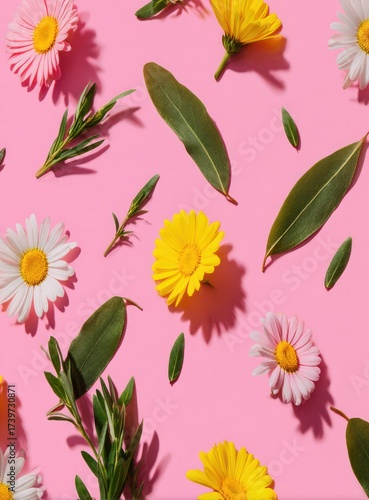Floral arrangement with daisies, yellow flowers, and green leaves scattered on a pink backdrop