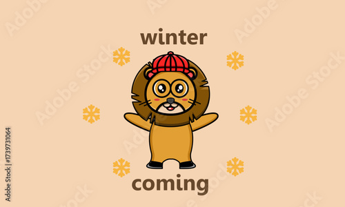 Cute Lion Cartoon Character Welcoming Winter with Beanie Hat