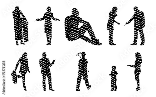 Vector illustration, Outline silhouettes of people, Contour drawing, people silhouette, Icon Set Isolated , Silhouette of sitting people, Architectural set