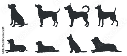 Dog Silhouettes Collection. Different Breeds Poses Isolated Vector Set