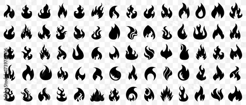 Flame icons with fire silhouettes. Collection of black burning shapes in various styles. Design used for heat and energy