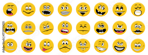 Emoji faces with expressive emotions. Yellow round icons showing cartoon reactions. Design used for chat and fun