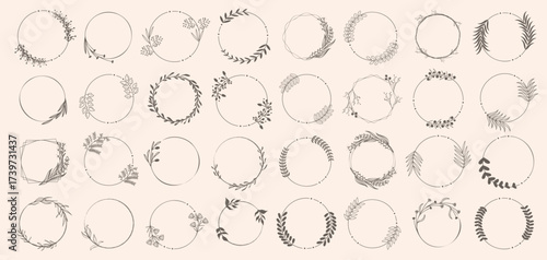 Floral wreaths with thin branches. Elegant circle frames decorated with leaves. Design made for wedding and invitations