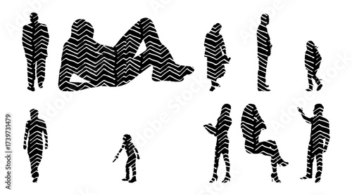 Vector illustration, Outline silhouettes of people, Contour drawing, people silhouette, Icon Set Isolated , Silhouette of sitting people, Architectural set
