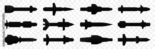 Missile silhouettes in simple style. Black weapon icons with different aerodynamic shapes. Design created for military themes