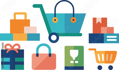 Ecommerce shopping icons bundle carts bags gifts for online stores and retail vector illustration eps