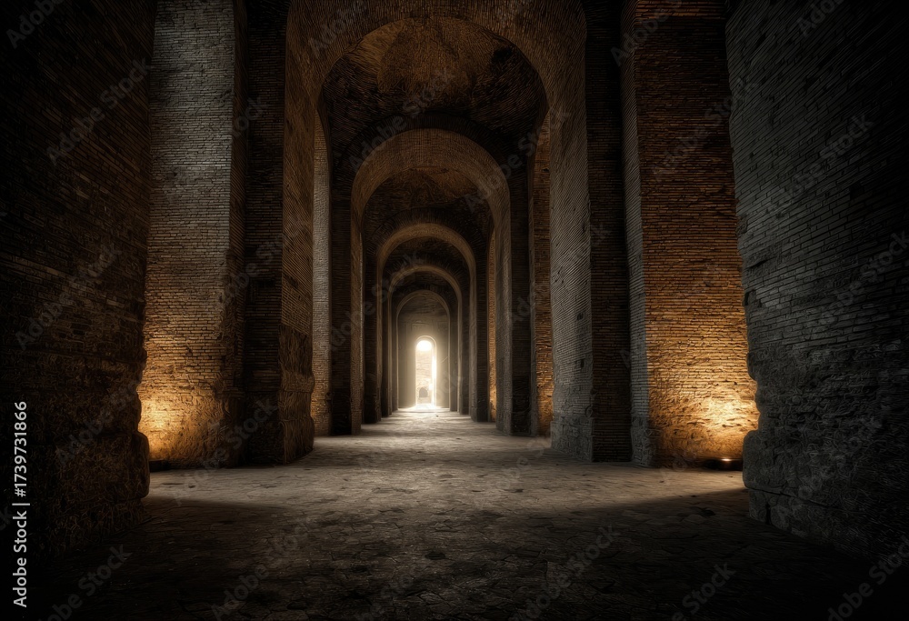 Fototapeta premium A long, arched tunnel with light at the end, constructed of ancient, textured stone