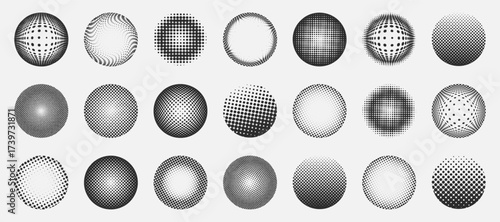 Halftone circle collection. Black dotted round elements with gradient transitions for retro comic or abstract design