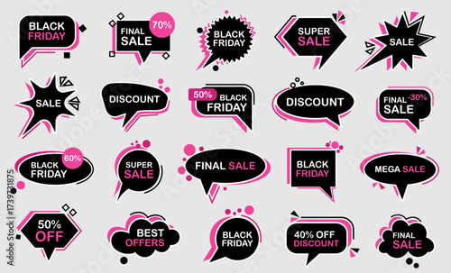 Black Friday sale label set. Discount speech bubbles with text offers, percentage signs and bold graphic design