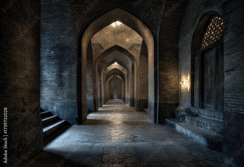 Fototapeta premium A long, arched hallway, illuminated by light, leading to a distant doorway. Interior architecture