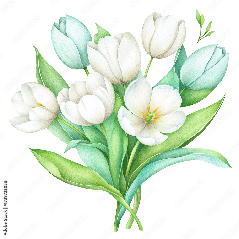 Fototapeta premium Bouquet of white and pale blue tulips with green leaves in soft watercolor style, representing spring florals