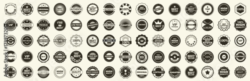 Quality badge collection in vintage style. Circular labels with texts like premium, authentic, best and guaranteed product