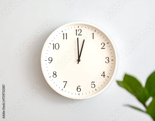 White wall clock showing twelve o'clock