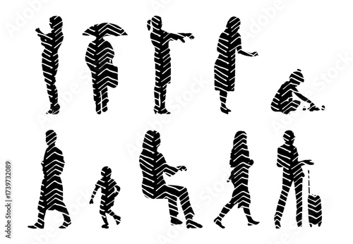 Vector illustration, Outline silhouettes of people, Contour drawing, people silhouette, Icon Set Isolated , Silhouette of sitting people, Architectural set