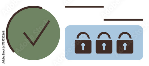 Green checkmark adjacent to three padlocks in a row on a blue bar representing security confirmation. Ideal for data protection, online security, password safety, privacy, user authentication