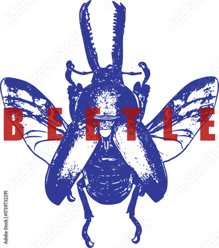 Flying Stag Beetle, Wings Spread, Blue Engraving, Red Text Graphic, High Contrast Vintage T-Shirt Design, Insect, Lucanus, Entomology Vector Print.