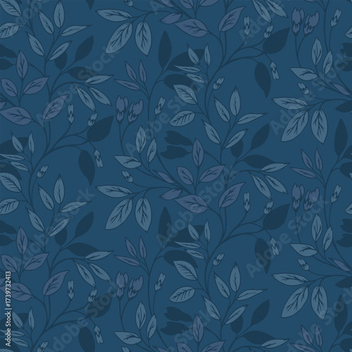 Seamless vector pattern with elegant dark blue leafy branches and buds on a navy background. Sophisticated botanical design for textiles, wallpapers and packaging