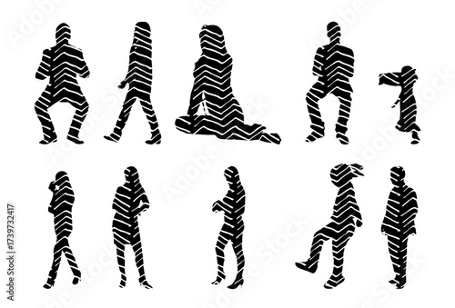 Vector illustration, Outline silhouettes of people, Contour drawing, people silhouette, Icon Set Isolated , Silhouette of sitting people, Architectural set