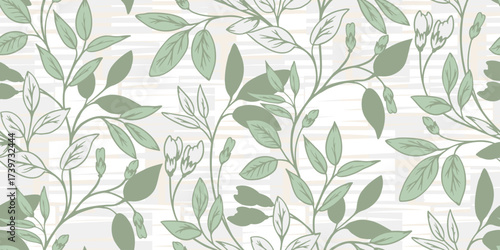 Seamless vector pattern with delicate green leaves and floral branches on a soft geometric background. Spring designs for textiles, wallpapers, and ornament