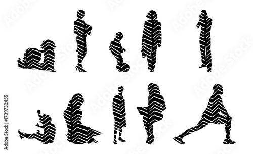 Vector illustration, Outline silhouettes of people, Contour drawing, people silhouette, Icon Set Isolated , Silhouette of sitting people, Architectural set