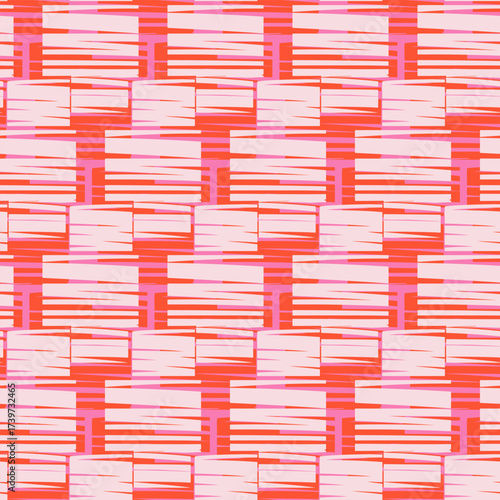 Seamless abstract vector pattern with hand drawn brush stroke rectangles in pink and red tones. Modern geometric background for fabric, wrapping, wallpaper, and decor.