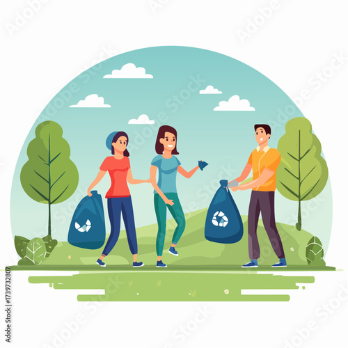Three people picking up trash in a park with blue sky and green trees.