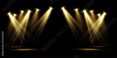 Vector spotlights, bright concert lighting, stage illumination effects. Glowing projector beams, show and event background for design and publishing.	
