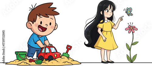 Happy kids playing together, boy with red toy car in sand, girl in yellow dress watching butterfly on flower.