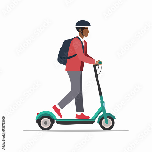 Person riding an electric scooter with helmet and backpack.