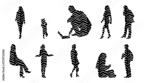 Vector illustration, Outline silhouettes of people, Contour drawing, people silhouette, Icon Set Isolated , Silhouette of sitting people, Architectural set