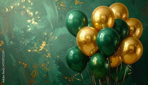 Elegant balloons in gold and green on a textured green background