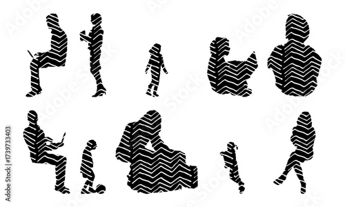 Vector illustration, Outline silhouettes of people, Contour drawing, people silhouette, Icon Set Isolated , Silhouette of sitting people, Architectural set