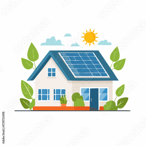 Illustration of a house with solar panels on the roof, surrounded by greenery.