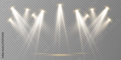 Vector stage lights, concert spotlight beams, glowing projector set. Bright illuminated lighting design for web, show, and performance background illustration.