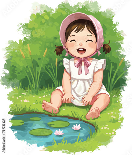 Smiling child sitting by pond in summer garden, pink bonnet, white dress, lotus flowers, lily pads, outdoor nature, innocence, joy
