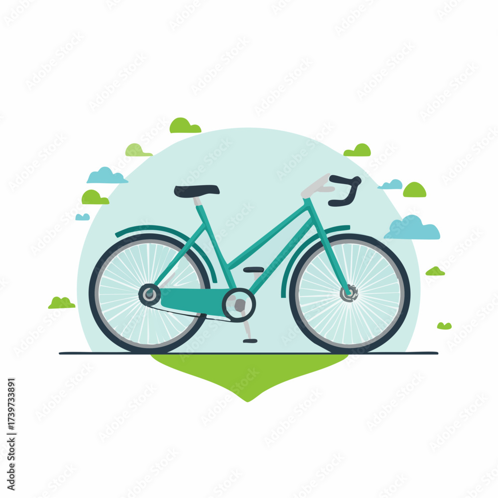 Fototapeta premium Illustration of a teal bicycle with clouds and greenery in the background.