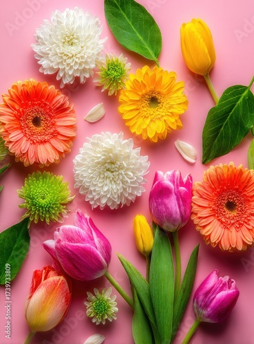 A vibrant, overhead shot of various colorful flowers and foliage on a solid pink backdrop