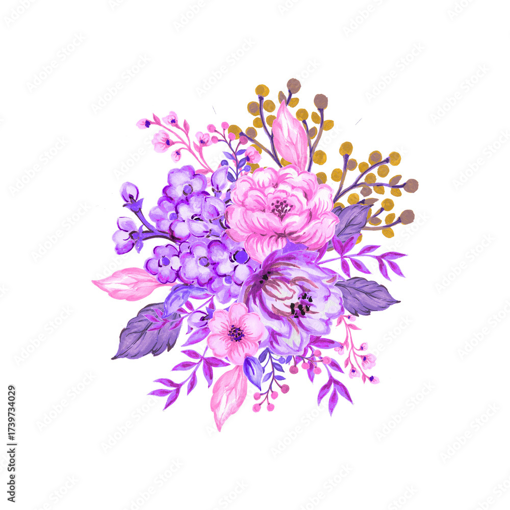 Fototapeta premium Elegant Flower Arrangement in Retro Style. Watercolor gouache Bouquet Illustration