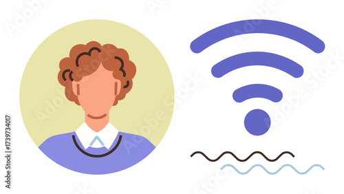 Portrait of a person alongside a wireless signal, symbolizing connectivity, communication, remote work, technology, networking, online interaction, and digital connection. A simple flat metaphor