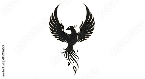 Stylized black phoenix illustration on white background