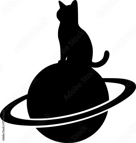 Vector art of silhouette of a cat sitting atop a planet with rings