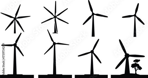 Silhouette wind turbines renewable energy illustration, clean power generation icons, sustainable electricity source, eco-friendly environment design